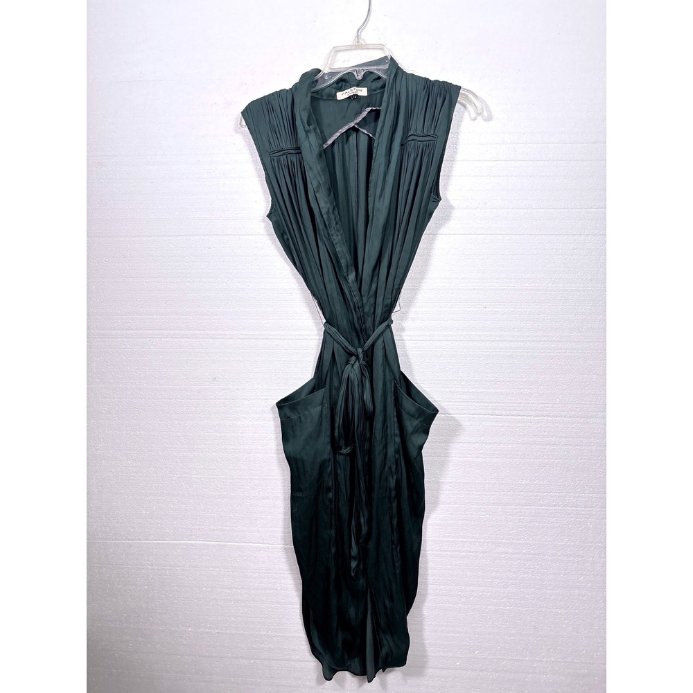 Halston Heritage Dress Women XS Green Satin Draped Tie Waist Sleeveless Pockets